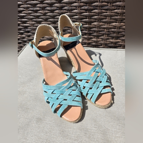 Gaimo Spain 100% Genuine Suede Leather Wedge Sandals, Turquoise Blue Aqua 10 - Picture 5 of 5